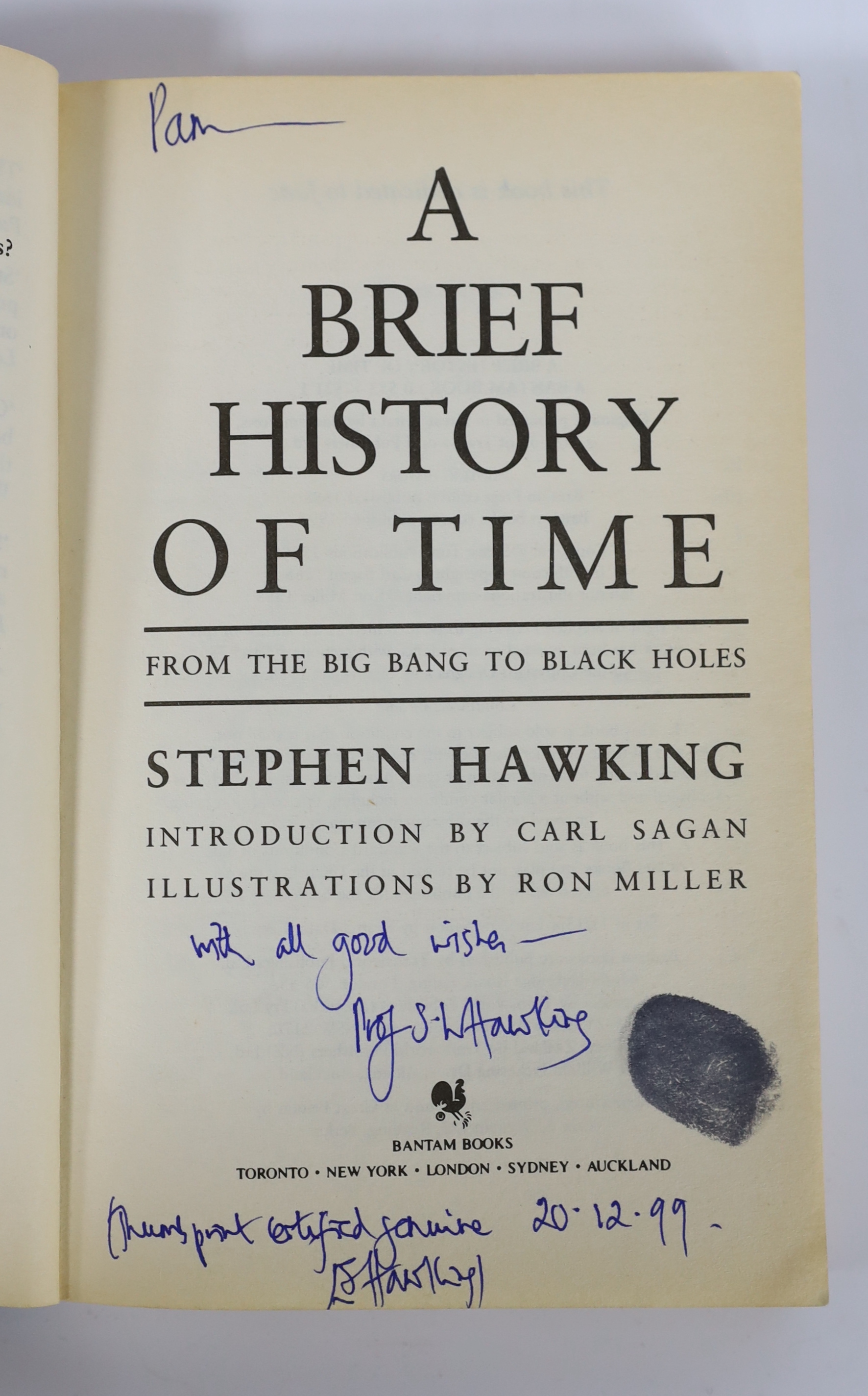 Stephen Hawking; A Brief History of Time, Bantam Books paperback edition, 1995, signed by Stephen Hawking with a thumb print